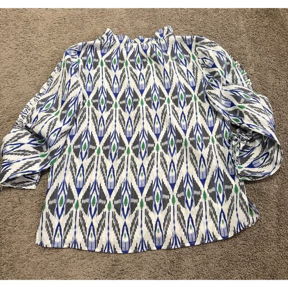 Chicos Linen Tribal Print Jeweled Neckline Ruffle Drawstring Sleeves Size 0.5/6 - Picture 6 of 8